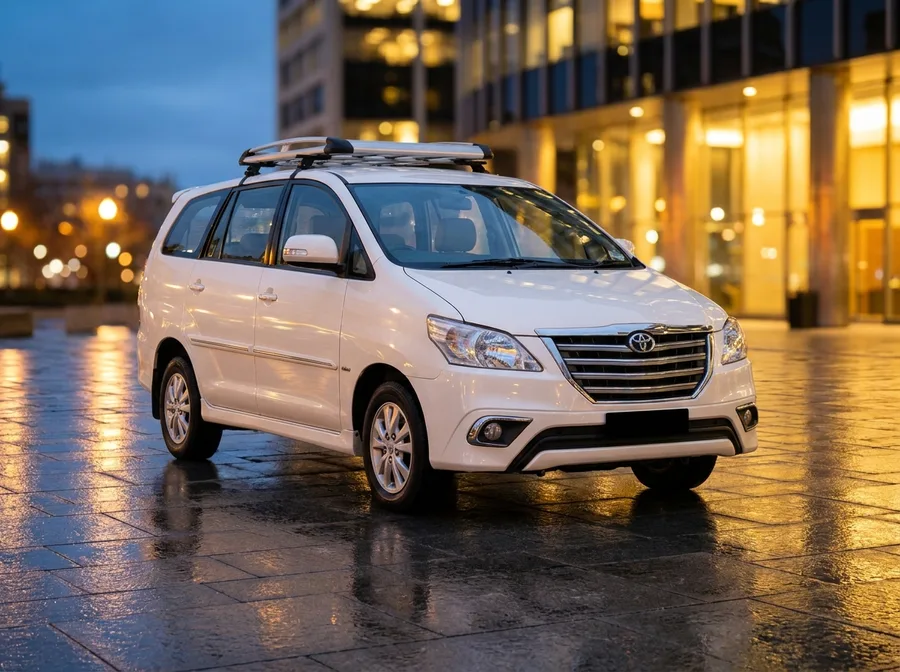 Pearl white Toyota Innova MPV at a city plaza in the evening